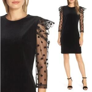 Julia Jordan Velvet Swiss Dot Mesh Puff Shoulder Dress in Black Size 12